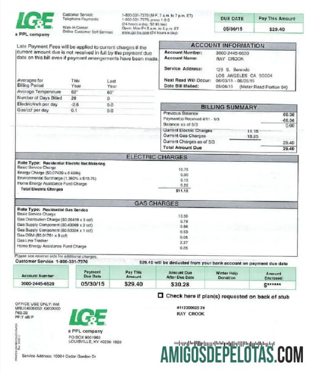realista Modelo Word e PDF de conta de serviços públicos LG&E dos EUA